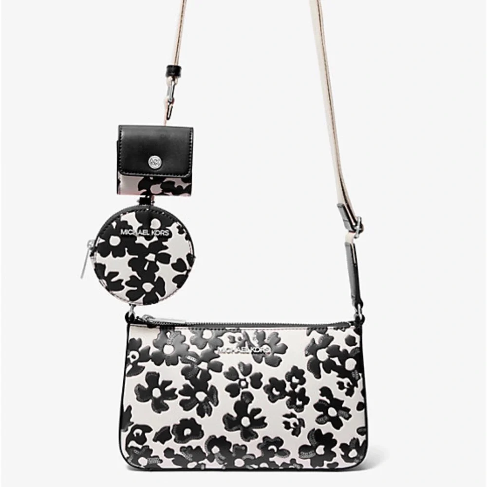 MICHAEL KORS Jet Set Sm Sequined Floral Print Crossbody w Case for Apple Airpods - Picture 4 of 16